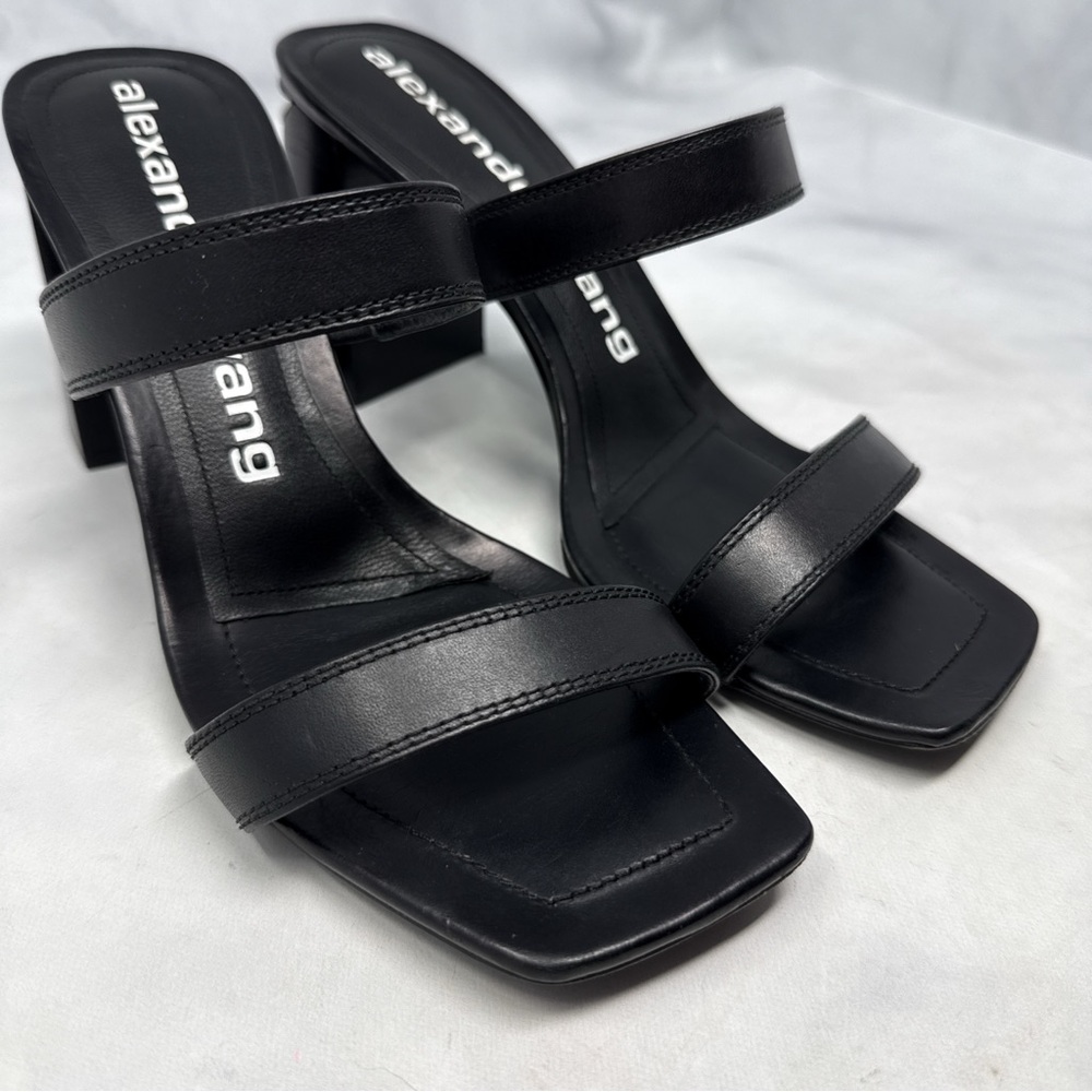 Alexander Wang Hayden Leather Square Toe Minimalist Slide Mule Sandal Heel Black - Picture 6 of 16
